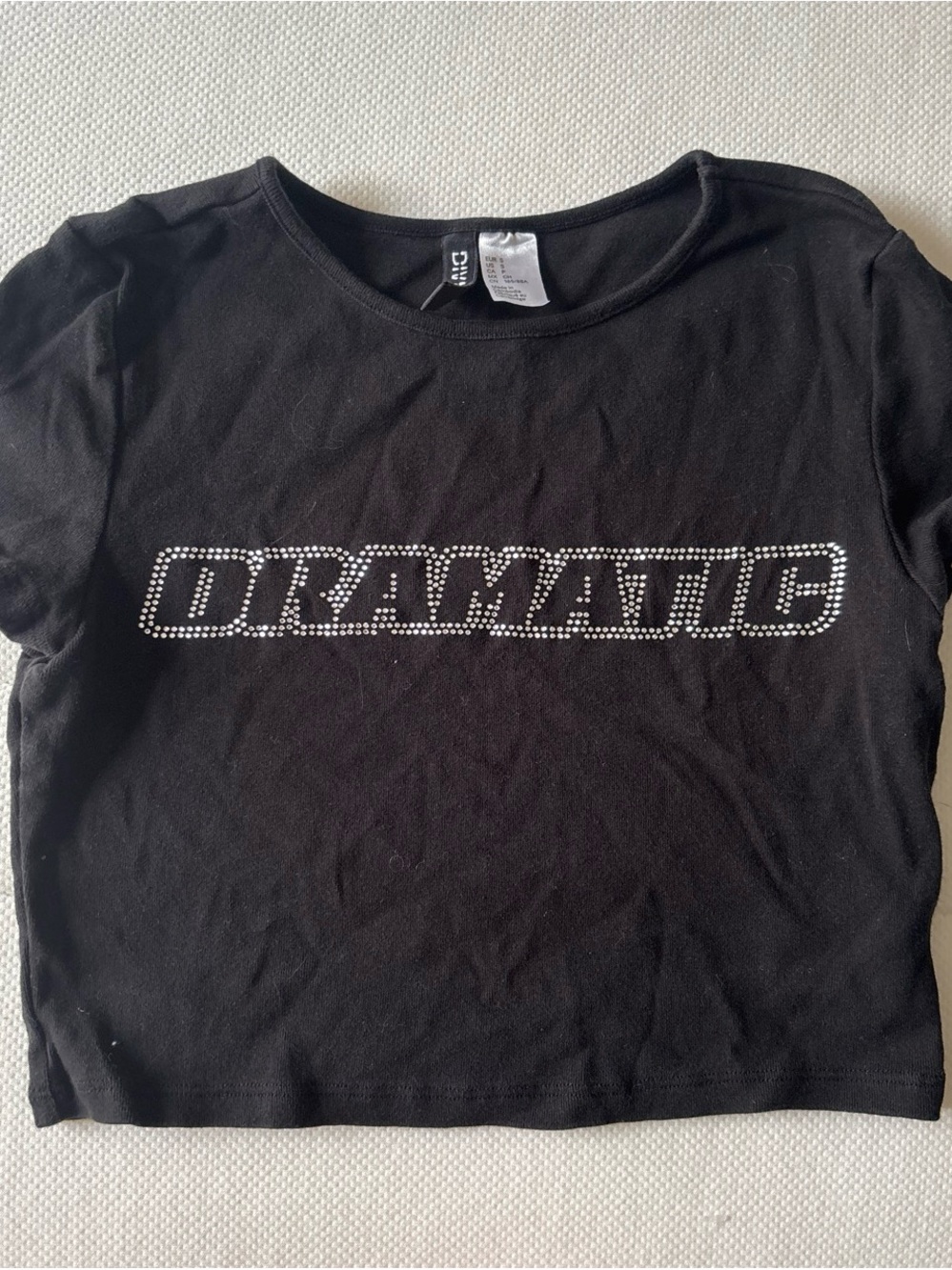 Black 'Dramatic' Rhinestone Cropped Baby Tee Size Small